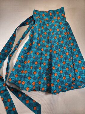 African Ankara Print Wrap Skirt Geometric Teal‎ Orange Waist Tie One Size